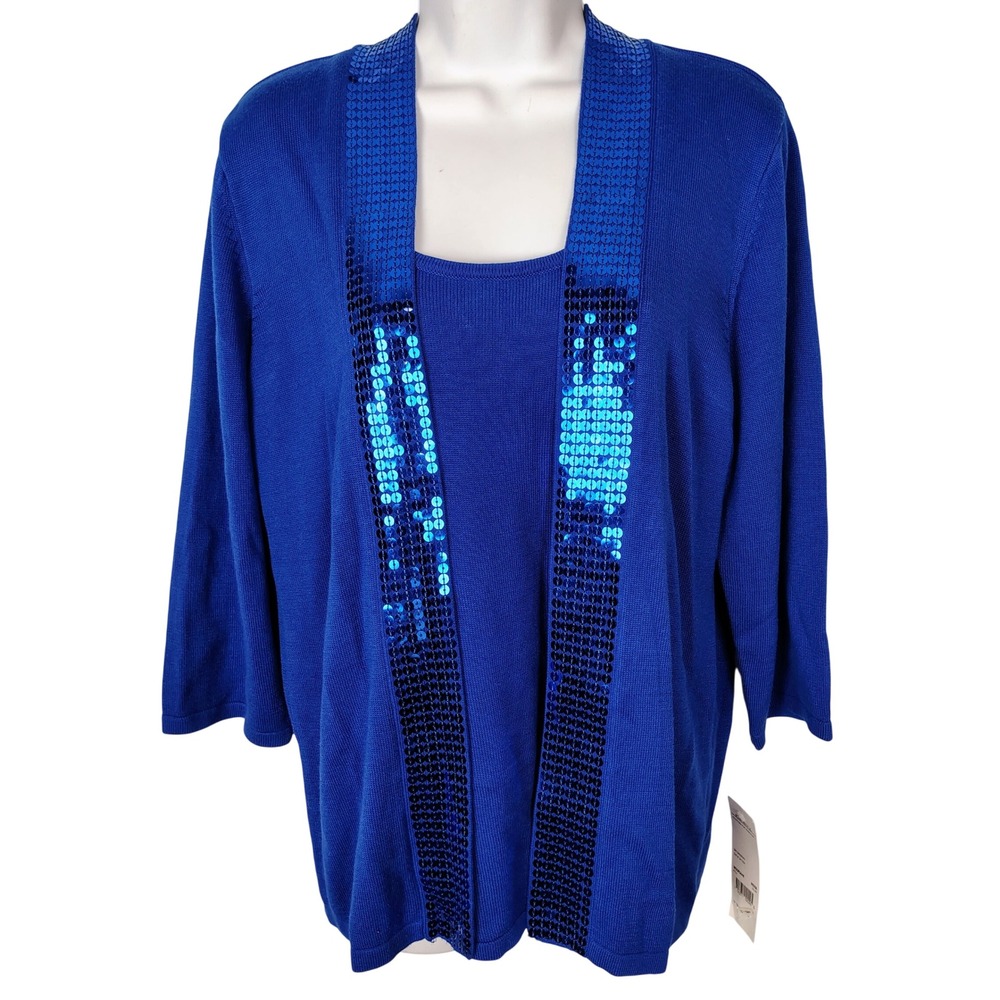Elementz Woman Royal Blue Sequin Twin Set Cardigan Tank 1X NEW elegant
